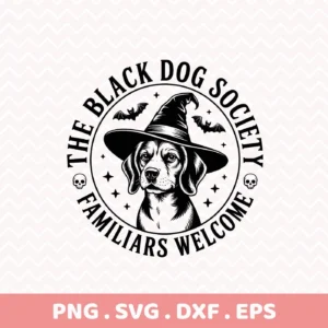 Black and white Halloween dog Cricut design featuring a dog wearing a witch's hat, surrounded by bats, skulls, and stars, intended for cutting or serigraphy projects.