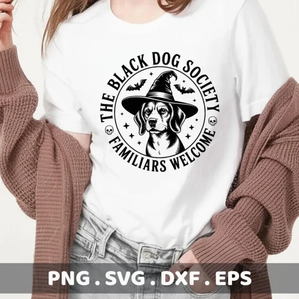 A Halloween dog Cricut design on a white t-shirt, featuring a black and white illustration of a dog wearing a witch's hat, surrounded by bats and the text "The Black Dog Society, Familiars Welcome," suitable for cutting or serigraphy.