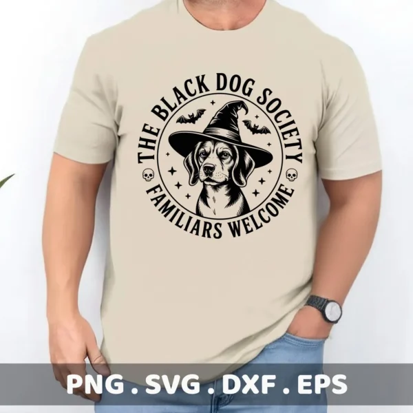 Halloween Dog Cricut Design featuring a dog wearing a witch hat, surrounded by "The Black Dog Society" text, intended for cutting or serigraphy applications.