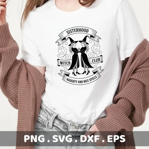 Halloween-themed "Witch Club Cricut Design" for cutting or serigraphy, featuring two witches and banner text on a t-shirt.