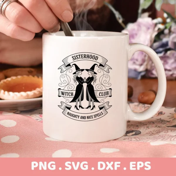Close-up of a mug featuring a "Witch Club Cricut Design" with two stylized witches and banner text, intended for cutting or serigraphy applications.