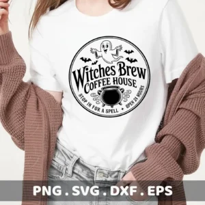 A black and white "Witches Brew Coffee House" design, featuring a cauldron, ghost, and bats, is displayed on a white t-shirt, suitable for Halloween-themed cutting projects like Cricut crafts or serigraphy.