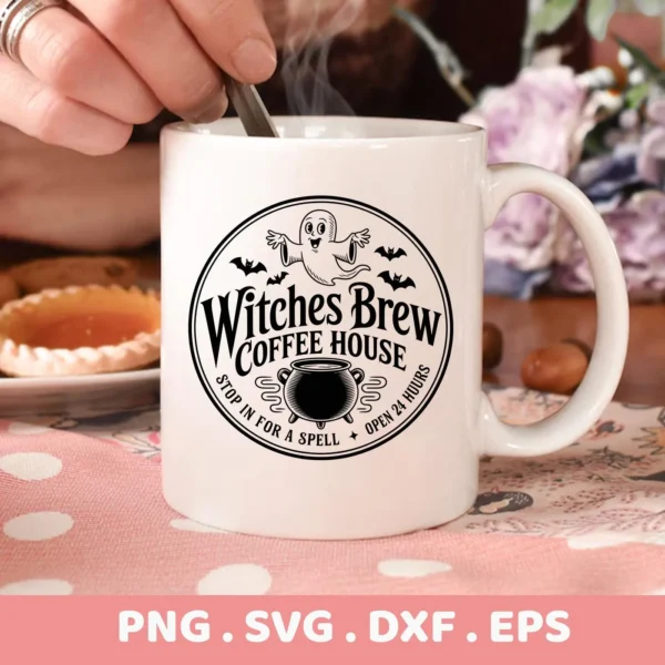 Close-up of a white mug featuring a "Witches Brew Coffee House" design with a ghost, bats, and cauldron, intended as a Witches Brew Cricut Design for Halloween-themed cutting or serigraphy projects.