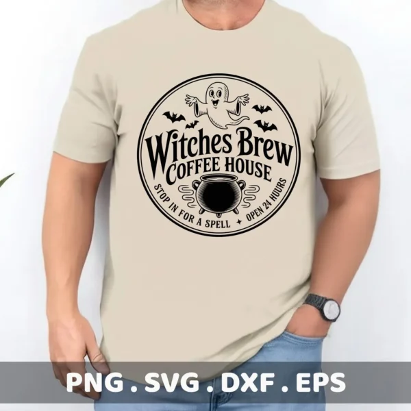 A beige t-shirt displays a black "Witches Brew Coffee House" design, featuring a cauldron, ghost, and bats, intended for Halloween-themed cutting or serigraphy projects.