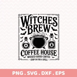 Black and white Witches Brew Cricut Design featuring a cauldron, potion bottles, and bats, suitable for cutting machines and serigraphy applications.