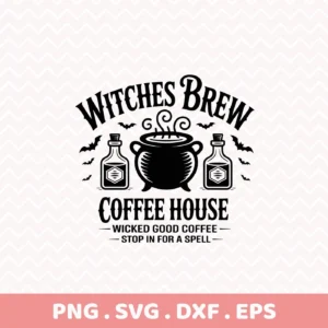 A Witches Brew Cricut Design featuring a cauldron, potion bottles, and bats, intended for Halloween-themed cutting projects or serigraphy applications.