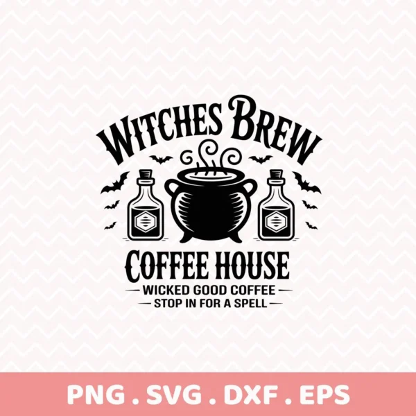 A Witches Brew Cricut Design featuring a cauldron, potion bottles, and bats, intended for Halloween-themed cutting projects or serigraphy applications.