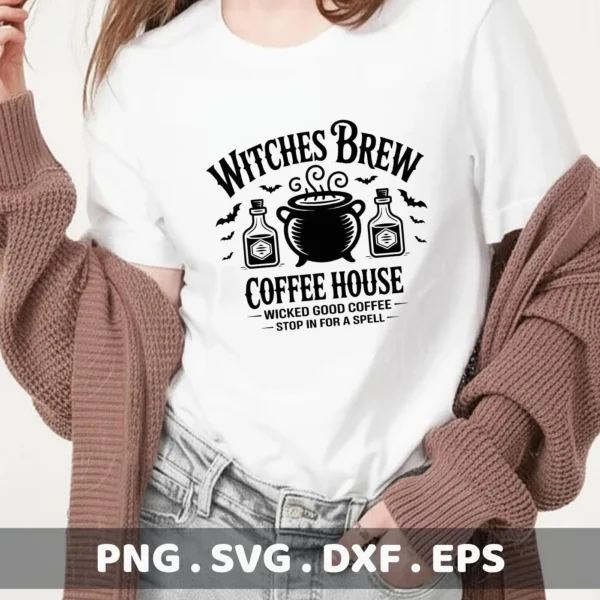 A black and white "Witches Brew Coffee House" design, featuring a cauldron and potion bottles, is displayed on a white t-shirt, suitable for Cricut cutting and Halloween-themed serigraphy projects.