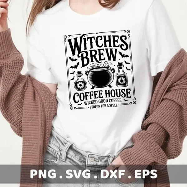 A "Witches Brew Cricut Design" for Halloween-themed coffee house signs, suitable for cutting and serigraphy applications, displayed on a white t-shirt.