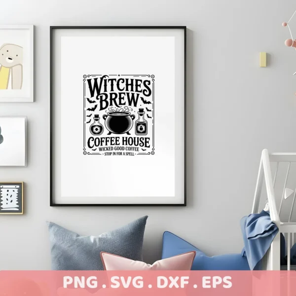 Framed "Witches Brew Coffee House" SVG design, featuring a cauldron and potion bottles, ideal for Halloween-themed Cricut projects and cutting applications.