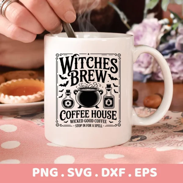 Close-up of a white mug featuring a "Witches Brew" Cricut Design, ideal for Halloween-themed cutting projects or serigraphy applications.