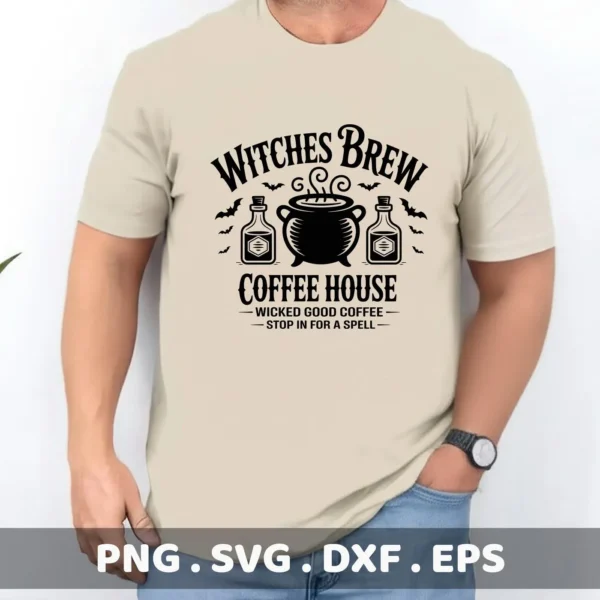 A man models a t-shirt featuring a "Witches Brew Coffee House" design with a cauldron, potion bottles, and bats, suitable for a Witches Brew Cricut Design project for cutting or serigraphy.
