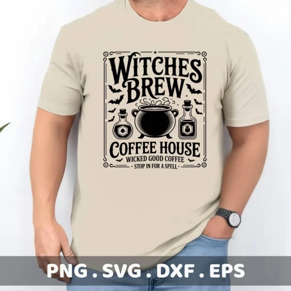 Halloween-themed "Witches Brew Cricut Design" featuring a cauldron and potion bottles, intended for cutting machines or screen printing.