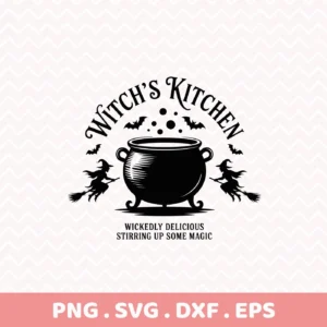 Black and white Witch's Kitchen Cricut Design featuring a cauldron, bats, and witches on broomsticks, suitable for cutting machines and screen printing.