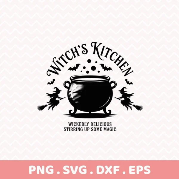 Black and white Witch's Kitchen Cricut Design featuring a cauldron, bats, and witches on broomsticks, suitable for cutting machines and screen printing.