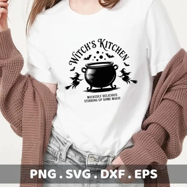 A Halloween-themed "Witch's Kitchen Cricut Design" featuring a cauldron, bats, and witches on a t-shirt, suitable for cutting and serigraphy applications.