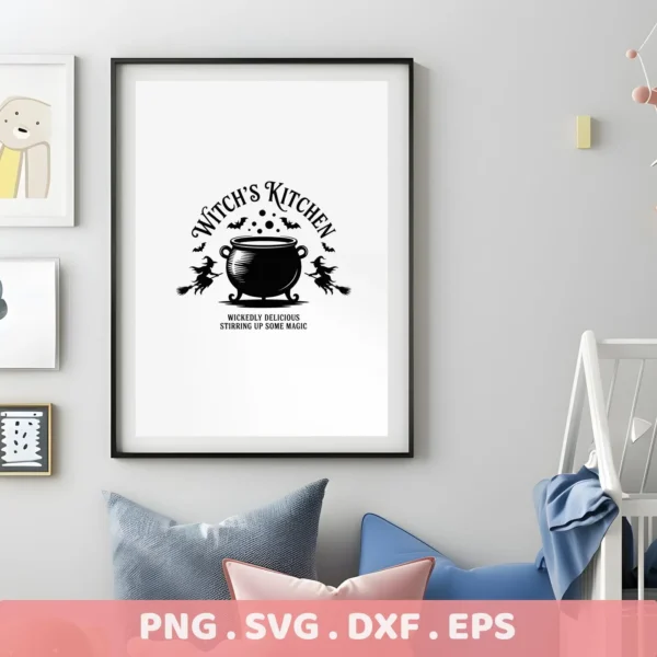Framed "Witch's Kitchen Cricut Design" featuring a cauldron, bats, and witches on broomsticks, intended for cutting machines and serigraphy applications.