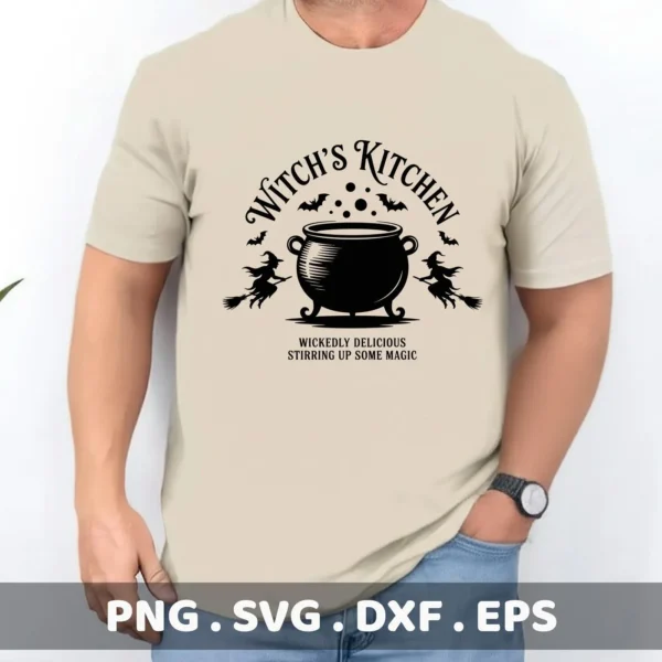 A Halloween-themed "Witch's Kitchen Cricut Design" featuring a cauldron, bats, and witches on broomsticks, intended for cutting and serigraphy applications on apparel.