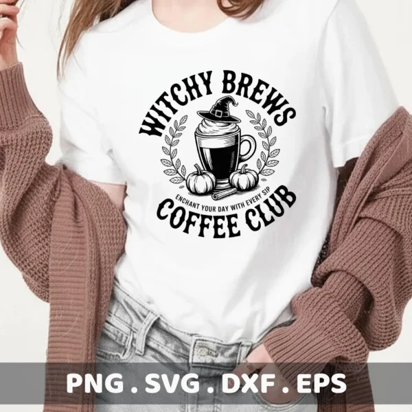 A woman wears a white t-shirt featuring a "Witchy Brews Coffee Club" design with a coffee cup wearing a witch's hat, pumpkins, and laurel leaves, intended for Cricut cutting or serigraphy applications.