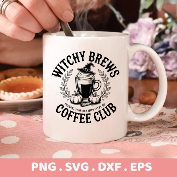Close-up of a white mug featuring a "Witchy Brews Coffee Club" design with a witch hat-topped coffee cup, pumpkins, and foliage, intended for Cricut cutting and serigraphy applications.