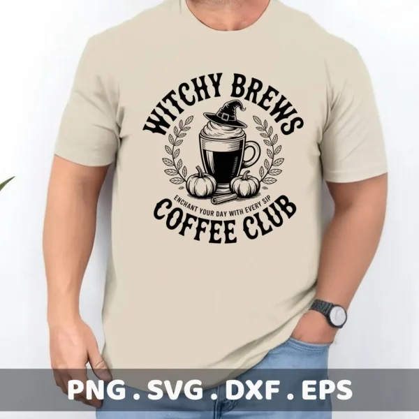 A man wears a t-shirt displaying a "Witchy Brews Coffee Club" design, featuring a coffee cup with a witch hat, pumpkins, and decorative leaves, intended for Cricut cutting or serigraphy applications.