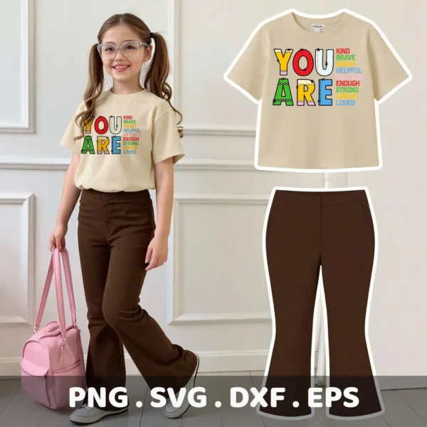 You Are SVG" positive affirmation design for Cricut, shown on a child's t-shirt.