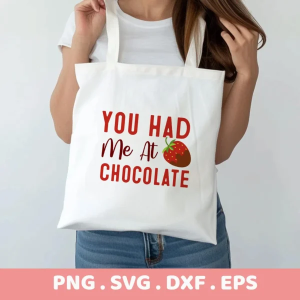 Chocolate Strawberry Cricut Design on a tote bag, shown as a vinyl cut file project.