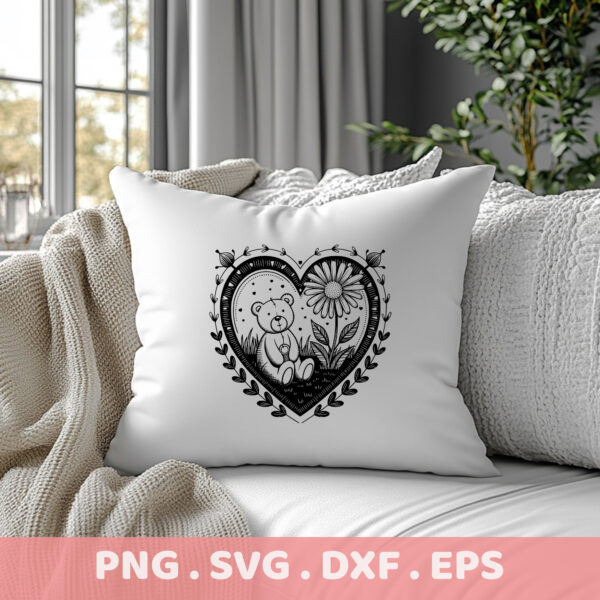 Heart-shaped teddy bear and flower mandala SVG, DXF, EPS files for Cricut, Silhouette, and CNC cutting.