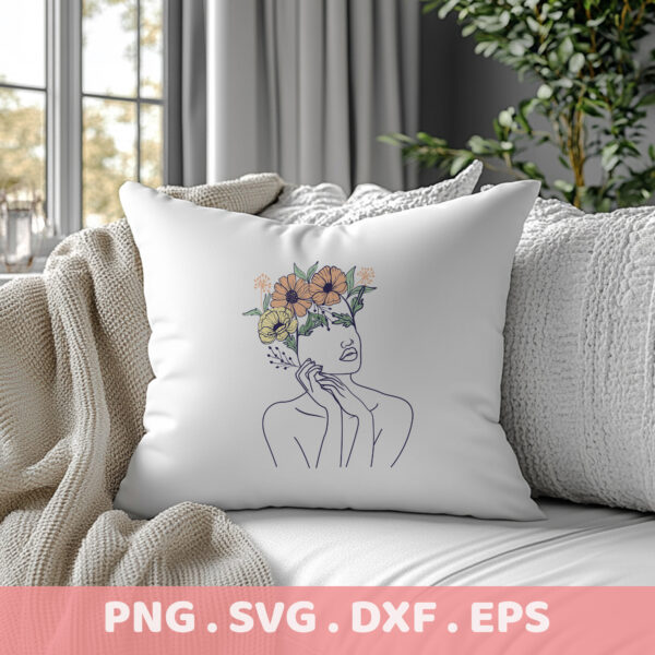 Floral woman line art SVG for Cricut, Silhouette, and laser cutters; serigraphy stencil design for screen printing.