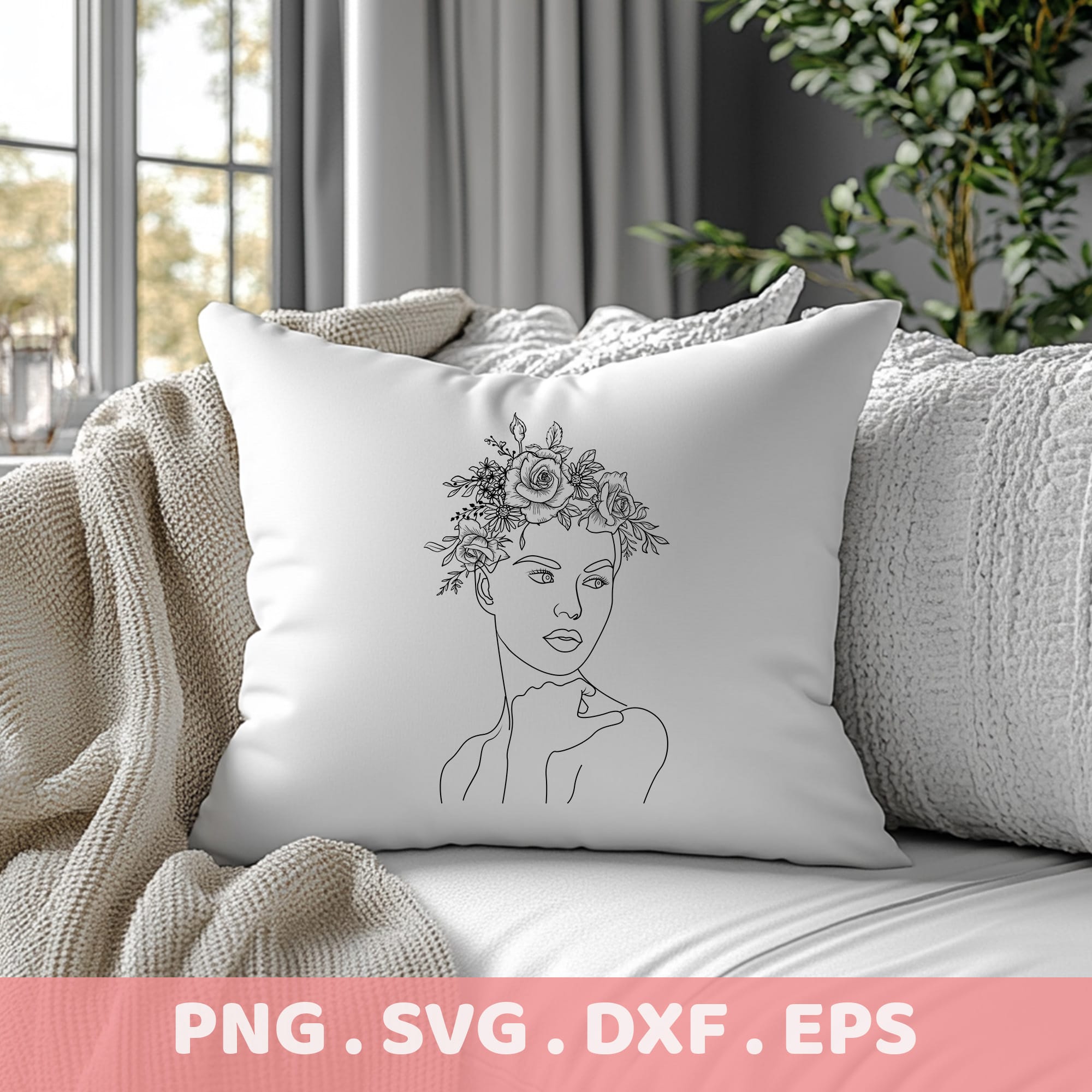 Floral woman line art laser cut stencil design for electronic cutting machines.