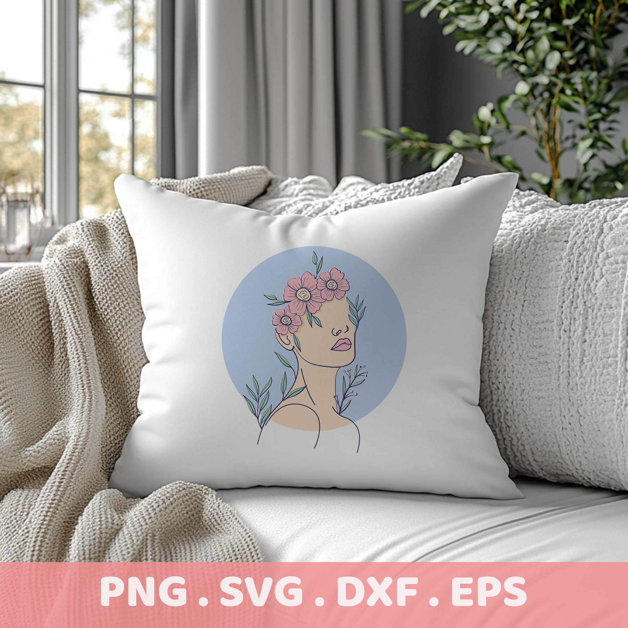 Floral woman line art for Cricut, Silhouette, and laser cutters; serigraphy stencil design.