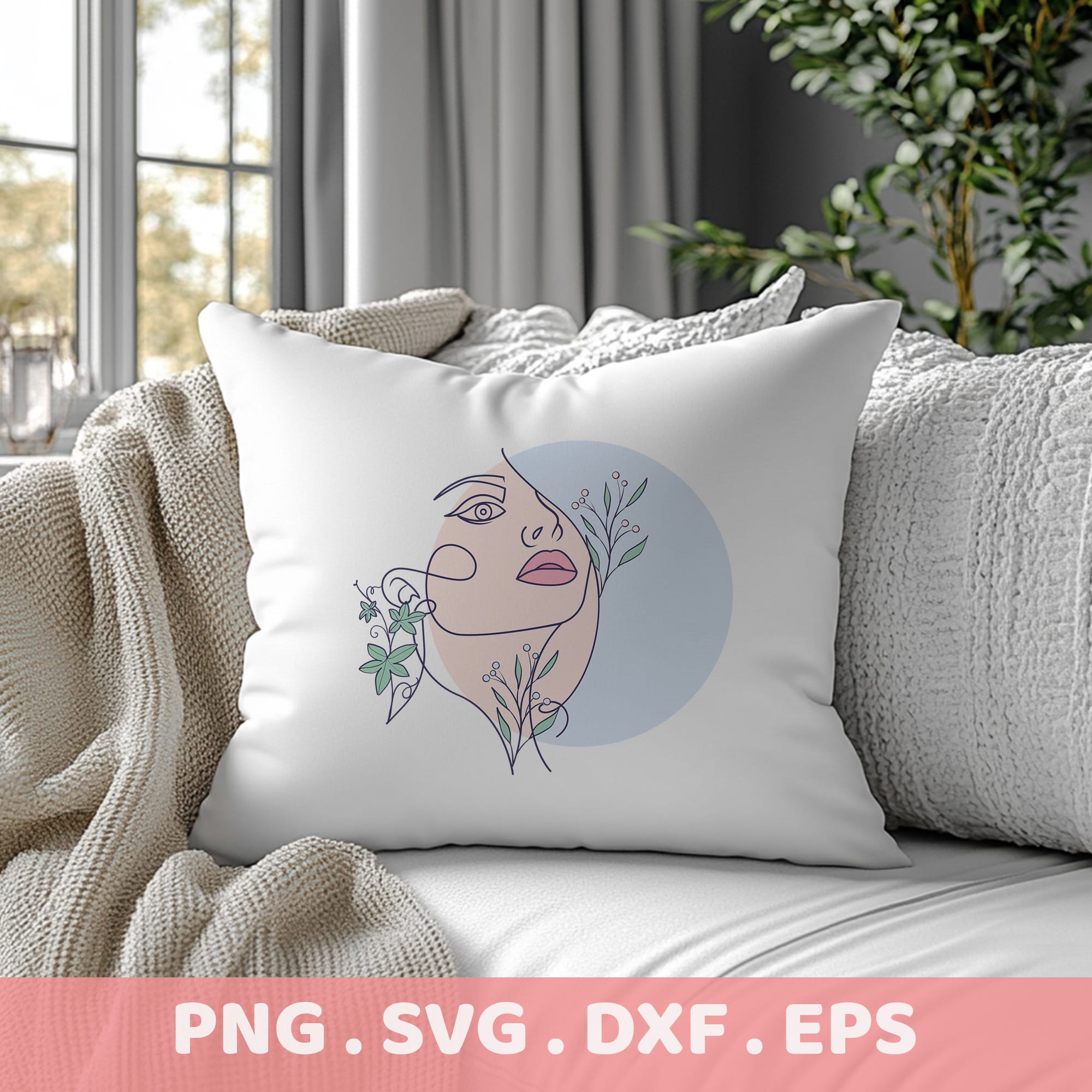 Line art SVG for Cricut & Silhouette: Woman's face with floral accents, stencil design for screen printing & laser cutters.