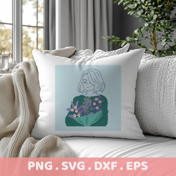 Floral serigraphy stencil design for electronic cutters; woman with bouquet illustration.