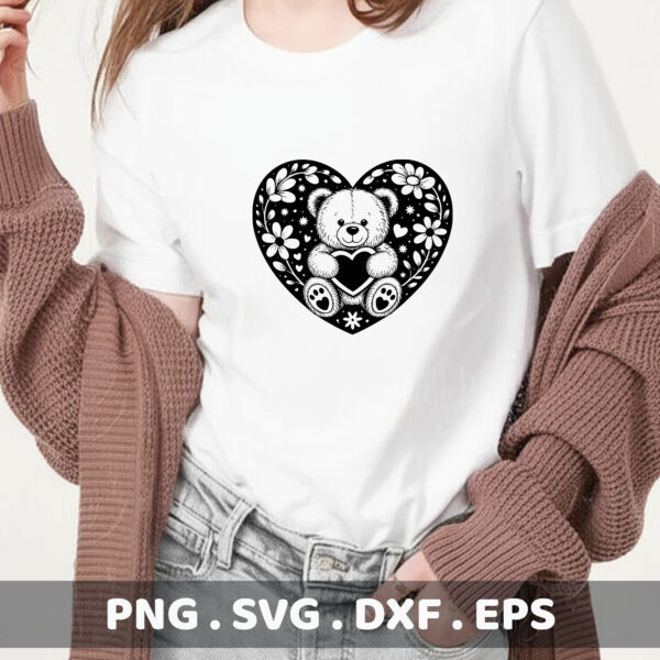 Teddy Bear Heart Floral SVG, DXF, EPS Cut Files for Cricut, Silhouette, CNC.