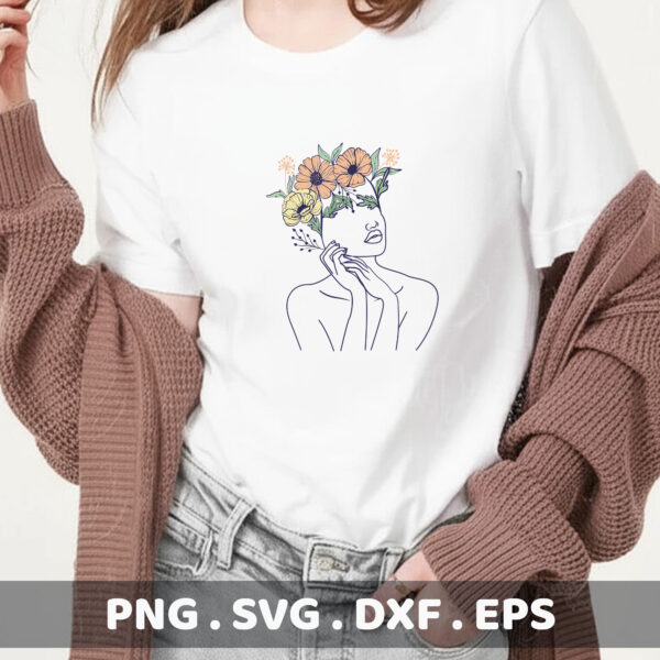 Floral woman line art SVG for Cricut, Silhouette, and laser cutters. Serigraphy stencil design for screen printing.