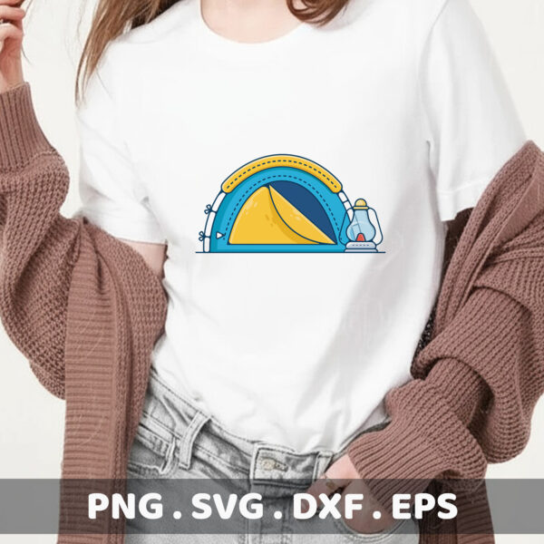 Camping tent illustration for Cricut, Silhouette, and laser cutters; camping scene serigraphy stencil design.