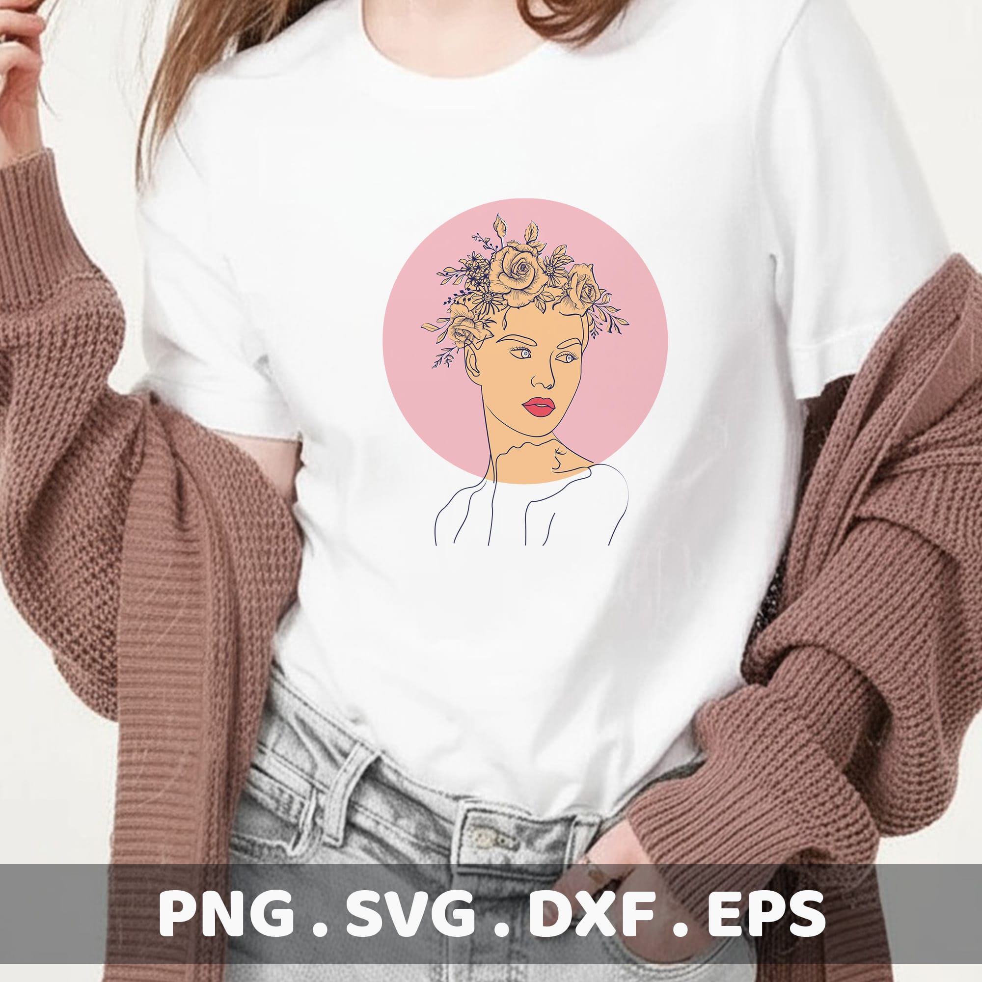 Floral portrait line art SVG for Cricut & Silhouette. Serigraphy stencil design for electronic cutters.