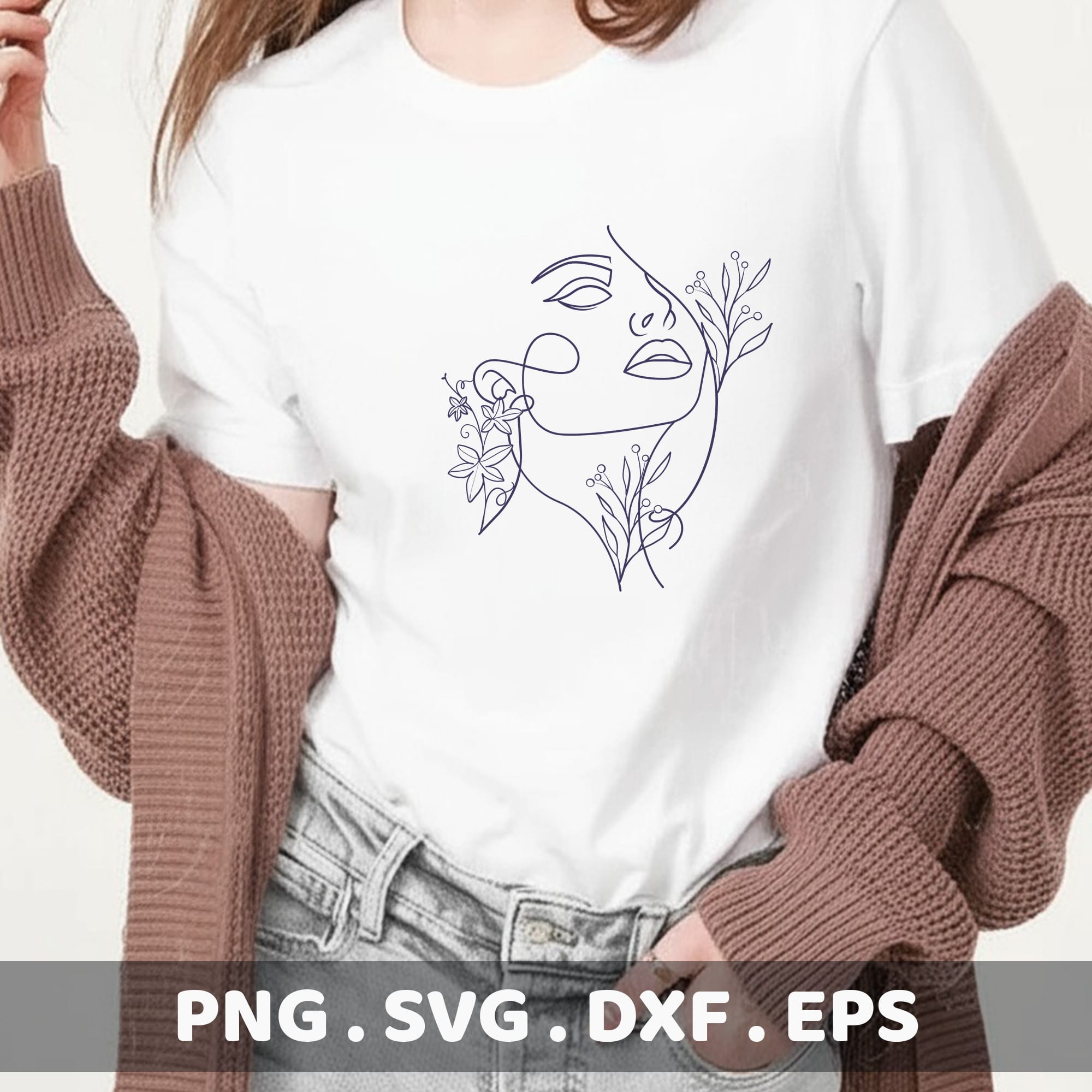 Line art SVG for Cricut & Silhouette: Woman's face with floral accents, stencil design for cutting machines.