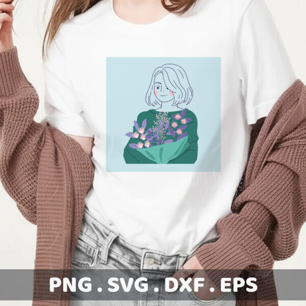 Floral serigraphy stencil design for electronic cutters; woman with bouquet illustration.