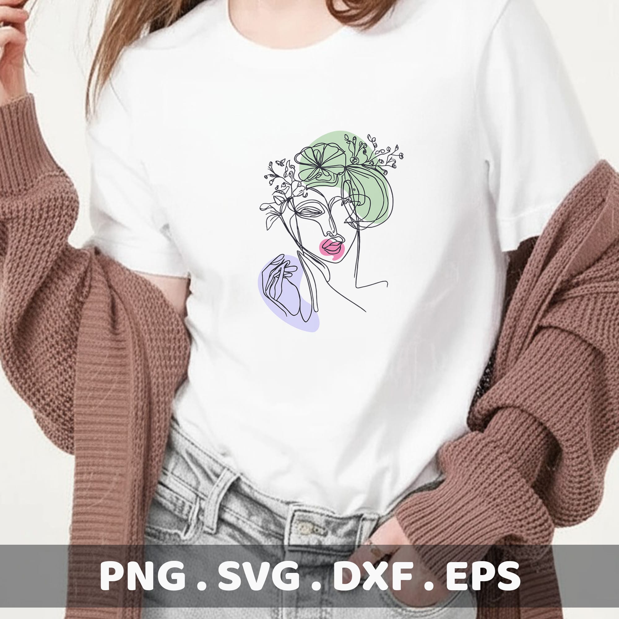 Line art portrait SVG for Cricut & CNC. Floral crown serigraphy stencil design for crafters.