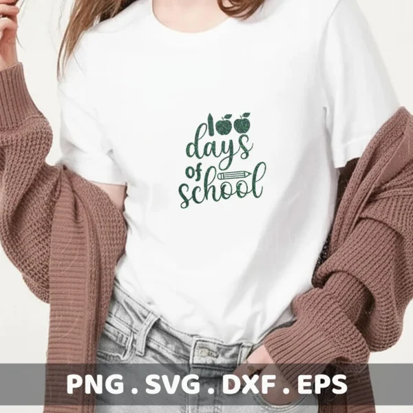 A woman wearing a white t-shirt with a green "100 Days of School" design featuring apples and a pencil, showcasing a digital download bundle (SVG, PNG) for crafting.