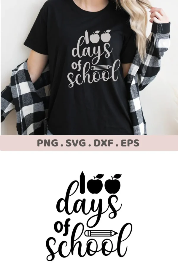 A woman wearing a black t-shirt with a white "100 Days of School" design featuring apples and a pencil, showcasing the SVG digital download bundle for crafting.