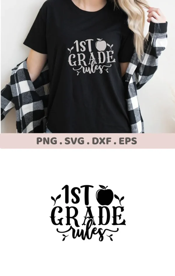 1st Grade Rules" design on black shirt. 1st Grade SVG for classroom decor, digital download.