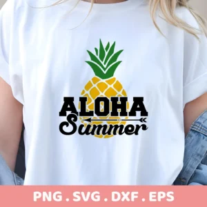 A white t-shirt displays an "Aloha Summer" design incorporating a pineapple, representing a digital download bundle (SVG, PNG).