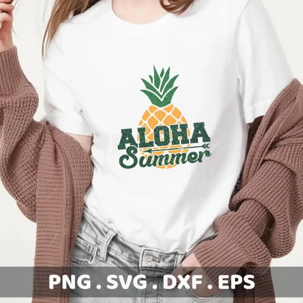 A woman wearing a white t-shirt with an "Aloha Summer" pineapple design, showcasing a digital download bundle including SVG and PNG files.