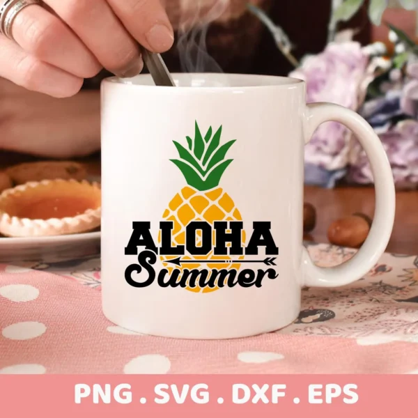 Close-up of a white mug featuring an "Aloha Summer" design with a pineapple graphic, representing an Aloha Pineapple SVG Design digital download bundle (SVG, PNG).