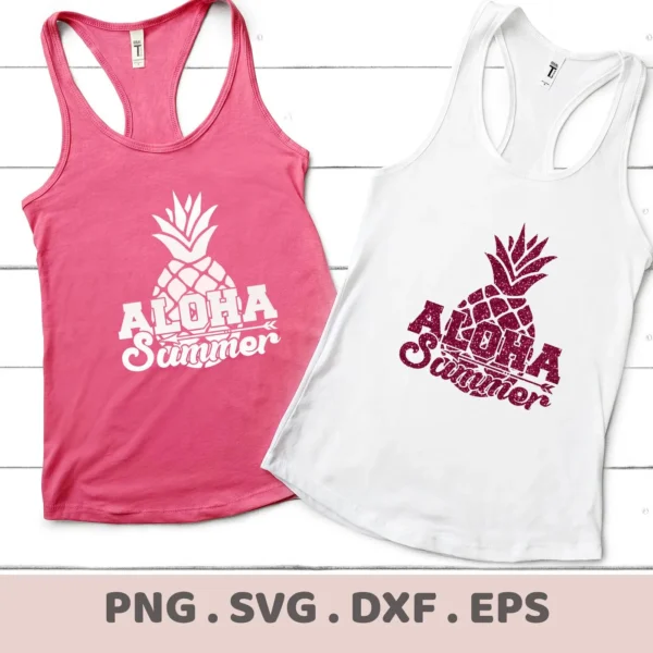 Two tank tops, one pink and one white, display an "Aloha Summer" pineapple SVG design, advertising a digital download bundle including SVG and PNG formats.