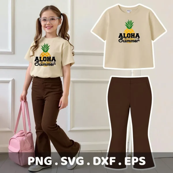 A young girl models a t-shirt with an "Aloha Summer" pineapple design, showcasing a digital download bundle (SVG, PNG, DXF, EPS).