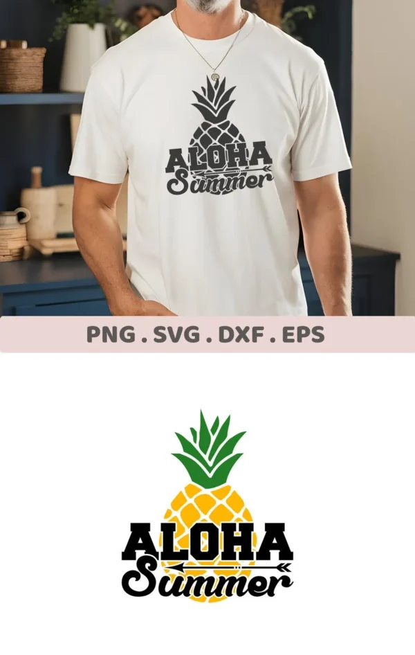 Aloha Pineapple SVG Design: A pineapple graphic with "Aloha Summer" text, available as a digital download bundle (SVG, PNG).