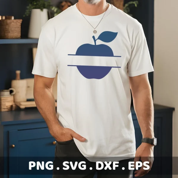 Man wearing t-shirt with blue Apple Monogram SVG design, a digital file for Cricut and Silhouette.